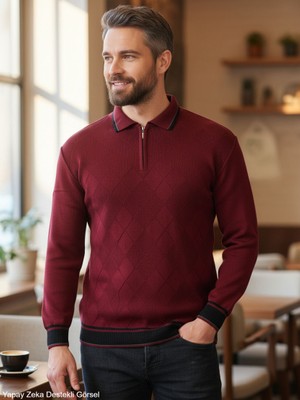Kamalı Erkek Bordo Tüylenme Yapmayan Anti-pilling Standart Fit Normal Kesim Premium Polo Yaka Triko Kazak