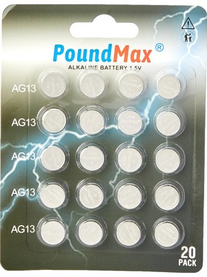 20 x Poundmax LR44 AG13 1,5 V Poundmax Alkalin Düğme Pil, Cıvasız, Sızdırmaz, Uzun Süreli Dayanıklıl
