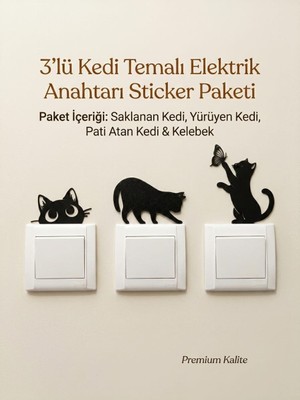 Portal 3d 3'lü Kedi Temalı Elektrik Anahtarı Dekor Sticker Seti | 3D Duvar Anahtarı Süsü | Kendinden Yapışkanlı Dekoratif Ev Aksesuarı