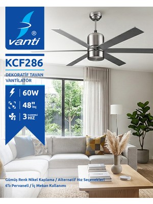 6 Kanatlı Gümüş Nikel Dekoratif Tavan Vantilatörü 60W KCF286