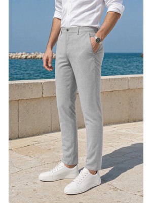 Modamesto Erkek Açık Gri Slim Fit Dar Kesim Likralı Yan Cep Bilek Boy Düz Kumaş Pantolon