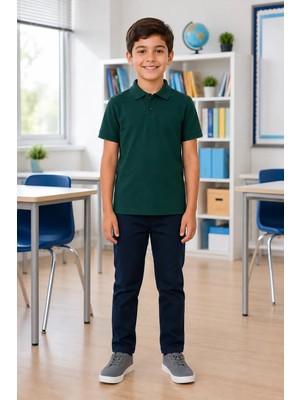 Qkk Çocuk Unisex Koyu Yeşil Kısa Kollu Polo Yaka Okul Tişörtü %100 Pamuk Lakos Kumaş