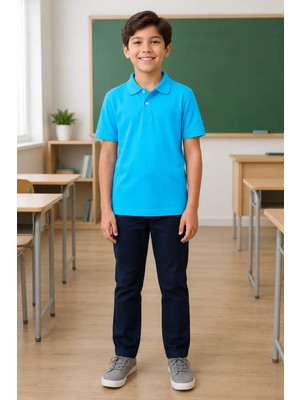 Qkk Çocuk Unisex Turkuaz Kısa Kollu Polo Yaka Okul Tişörtü %100 Pamuk Lakos Kumaş