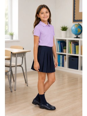 Qkk Çocuk Unisex Lila Kısa Kollu Polo Yaka Okul Tişörtü %100 Pamuk Lakos Kumaş