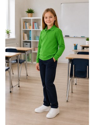 Qkk Çocuk Unisex Yeşil Uzun Kollu Polo Yaka Okul Tişörtü %100 Pamuk Lakos Kumaş