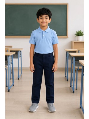 Qkk Çocuk Unisex Açık Mavi Kısa Kollu Polo Yaka Okul Tişörtü %100 Pamuk Lakos Kumaş