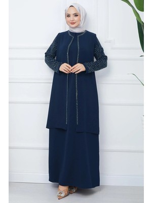 Hafsa Mina Kolları Taşlı Büyük Beden Anne Elbisesi Indigo HM2349