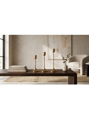 Leylart 3'lü Metal Şamdan Seti Gold Renk Şamdanlık Klasik Mumluk Seti 16-19-22 cm