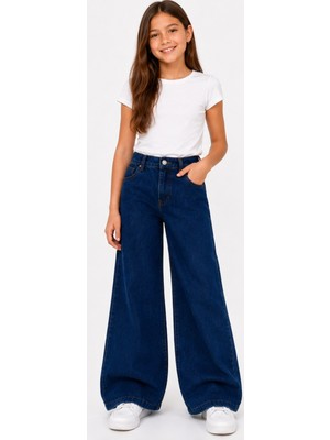 İrem Çocuk Giyim Kız Çocuk Geniş Paça Yüksek Bel Model Beli Lastikli Fermuar Kapamalı Oversize Lacivert Renk Kot Pantolon