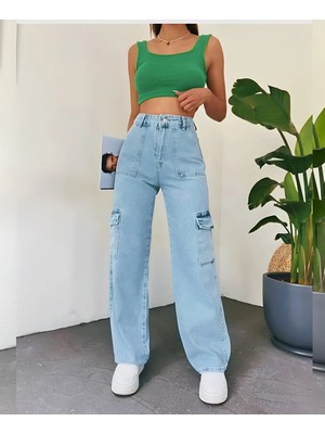 Shevega Buz Mavi Kargo Cepli Yüksel Bel Wide Leg Jeans Kot Pantolon