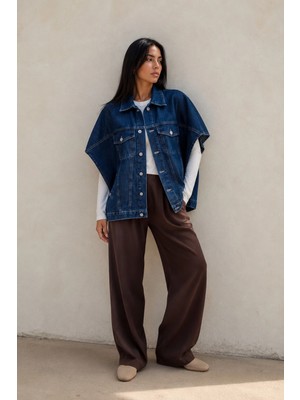 Shevega Lacivert Oversize Panço Kolsuz Kot Denim Jean Yelek