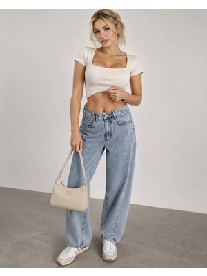 Shevega Mamaliga Yüksek Bel Geniş Paça Yan Parçalı Bol Kesim Tint Yıkama Baggy Jeans Salaş Kot Pantolon