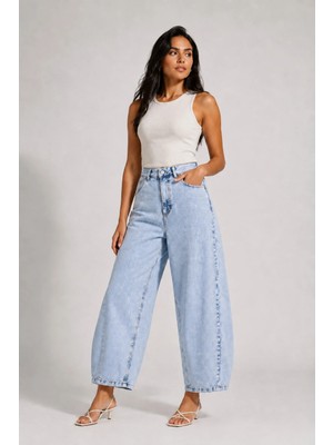 Shevega Kadın Buz Mavi Yüksek Bel Kısa Paça Baggy Jean Kot Pantolon