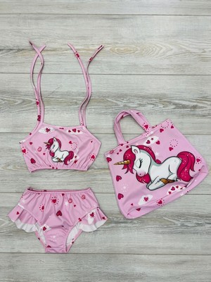 Neat Kids Kız Çocuk Pembe Unicorn Desenli 3 Parça Çantalı Bikini Takımı