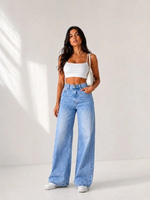 Shevega Kadın Buz Mavi Bol Paça Straight Jeans Salaş Kot Pantolon