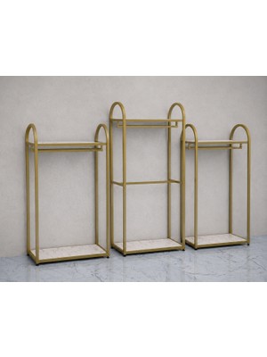 MD Vitrin Dekorasyon Butik Mağaza Oval Kenarlı Gold Üçlü Askılık Stand
