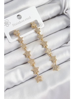 ALK Mey Ithalat® Pirinç Zirkon Taşlı Sallantılı Yıldız Model Gold Renk Kadın Küpe