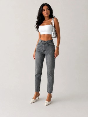 Shevega Kadın Füme Yüksek Bel Kemer Detaylı Fit Mom Jean Boyfriend Kot Pantolon