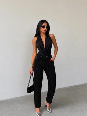 Shevega Mamaliga Kadın Siyah Taş Detaylı Boyfriend Mom Jeans Kot Pantolon