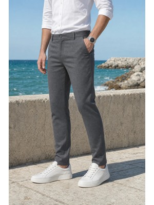 Modamesto Erkek Füme Slim Fit Dar Kesim Likralı Yan Cep Bilek Boy Düz Kumaş Pantolon