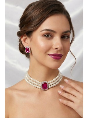 BB Bridal Boutique Cam Incili ve Taşlı Kolye Gümüş Kaplama Kolye Choker Baget Kolye Özel Tasarım Kolye Set Küpe Takım