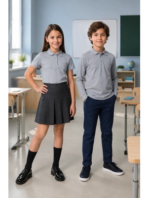 Qkk Çocuk Unisex Gri 2'li Polo Yaka Okul Tişörtü Seti Kısa Kollu + Uzun Kollu %100 Pamuk Lakos Kumaş