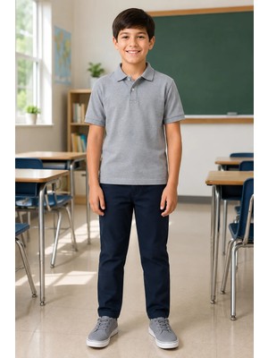 Qkk Çocuk Unisex Gri Kısa Kollu Polo Yaka Okul Tişörtü %100 Pamuk Lakos Kumaş