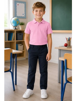 Qkk Çocuk Unisex Pembe Kısa Kollu Polo Yaka Okul Tişörtü %100 Pamuk Lakos Kumaş