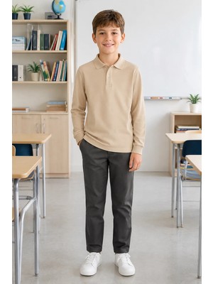 Qkk Çocuk Unisex Bej Uzun Kollu Polo Yaka Okul Tişörtü %100 Pamuk Lakos Kumaş
