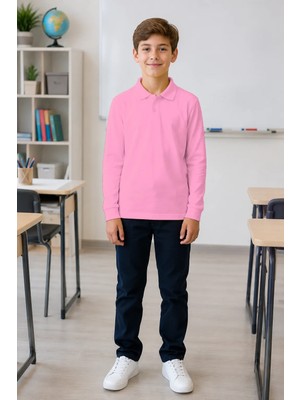 Qkk Çocuk Unisex Pembe Uzun Kollu Polo Yaka Okul Tişörtü %100 Pamuk Lakos Kumaş