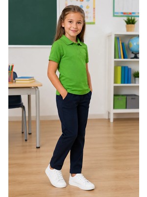 Qkk Çocuk Unisex Yeşil Kısa Kollu Polo Yaka Okul Tişörtü %100 Pamuk Lakos Kumaş