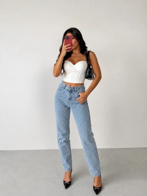 Shevega Mamaliga Kadın Buz Mavi Taş Detaylı Boyfriend Mom Jeans Kot Pantolon