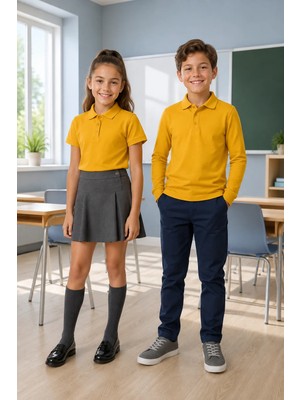 Qkk Çocuk Unisex Hardal 2'li Polo Yaka Okul Tişörtü Seti Kısa Kollu + Uzun Kollu %100 Pamuk Lakos Kumaş
