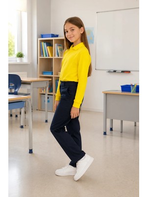 Qkk Çocuk Unisex Sarı Uzun Kollu Polo Yaka Okul Tişörtü %100 Pamuk Lakos Kumaş