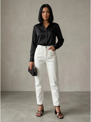 Shevega Mamaliga Beyaz Mom Jeans Boyfriend Keten Pantolon