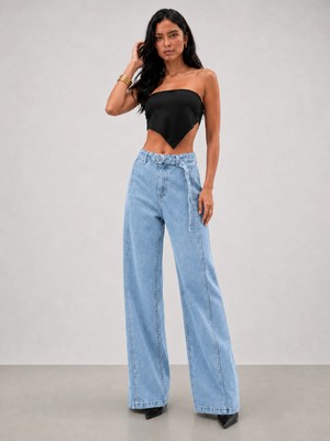 Shevega Kadın Buz Mavi Kuşak Kemerli Bol Paça Palazzo Jeans Salaş Kot Pantolon