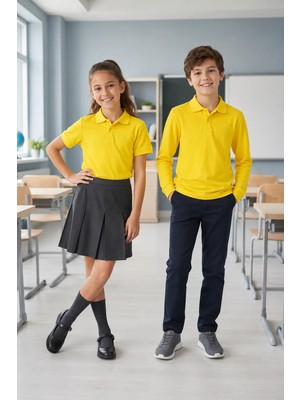 Qkk Çocuk Unisex Sarı 2'li Polo Yaka Okul Tişörtü Seti Kısa Kollu + Uzun Kollu %100 Pamuk Lakos Kumaş