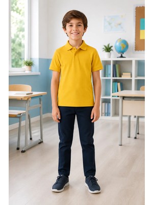 Qkk Çocuk Unisex Hardal Kısa Kollu Polo Yaka Okul Tişörtü %100 Pamuk Lakos Kumaş