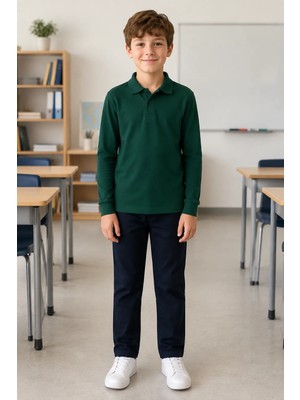 Qkk Çocuk Unisex Koyu Yeşil Uzun Kollu Polo Yaka Okul Tişörtü %100 Pamuk Lakos Kumaş