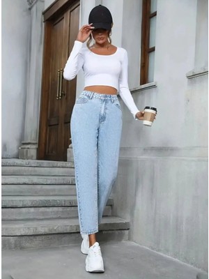 Shevega Buz Mavi 90's Yüksek Bel Likralı Mom Jean Kot Pantolon