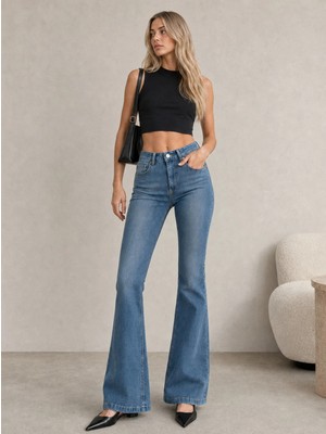 Shevega Kadın Açık Mavi Ispanyol Paça Likralı Tint Yıkama Slimfit Jeans Kot Pantolon