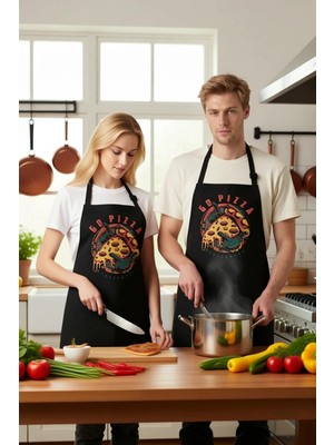 PayBuy Unisex Mutfak Önlüğü Pizza Baskılı Dijital Desen Rahat Kesim Boyundan Askılı Günlük Aşçı Modern