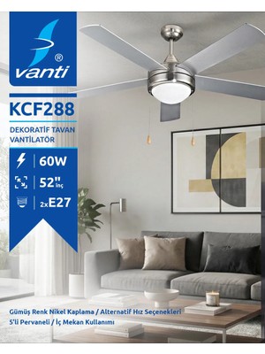 Vanti Ixqr Vanti Home KCF-288 52 Inç Gümüş Avizeli Dekoratif Tavan Vantilatörü Çelik Gövde
