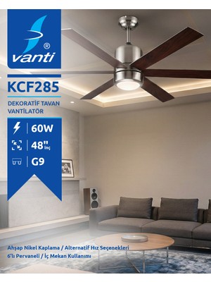 Vanti KCF-285 48 Inç (122 Cm) Tavan Vantilatörü - Nikel ve Ahşap Görünüm