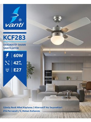 4 Kanatlı Metal Dekoratif Tavan Vantilatörü 60W KCF283