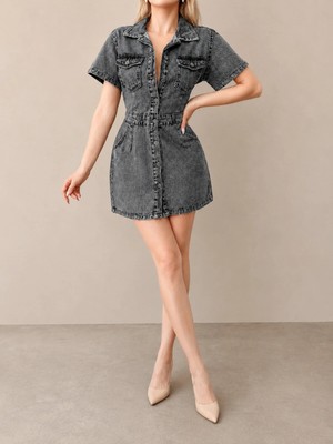 Shevega Füme Kısa Kol Denim Düğmeli Jean Kot Elbise