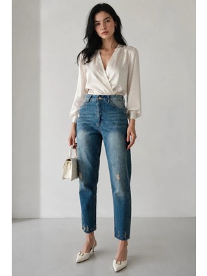 Shevega Mavi Yüksek Bel Yırtık Detaylı Tint Yıkama Boyfriend Mom Jean Kot Pantolon