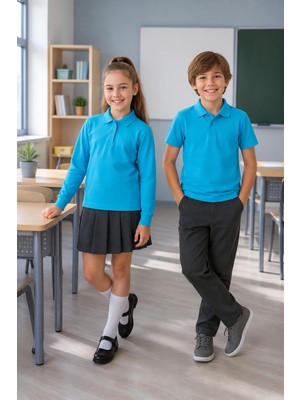 Qkk Çocuk Unisex Turkuaz 2'li Polo Yaka Okul Tişörtü Seti Kısa Kollu + Uzun Kollu %100 Pamuk Lakos Kumaş
