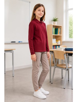 Qkk Çocuk Unisex Bordo Uzun Kollu Polo Yaka Okul Tişörtü %100 Pamuk Lakos Kumaş