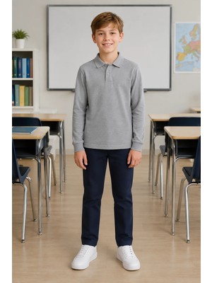 Qkk Çocuk Unisex Gri Uzun Kollu Polo Yaka Okul Tişörtü %100 Pamuk Lakos Kumaş